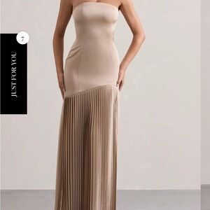 CLUBLLONDON - CHAMPAGNE SATIN BANDEAU PLEATED SPLIT MAXI DRESS